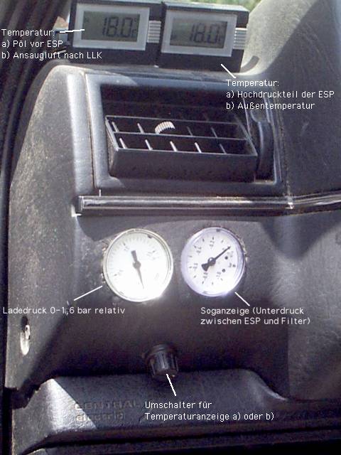 Anordnung der LDA im 2er Golf.
Ist ein Druckluftmanometer für 7EUR von http://www.riegler.de. Die Dinger sind absichtlich verdreht eingebaut, damit ich den Bereich, der mich interessiert, ungestört einsehen kann (Lenkrad bzw. linke Hand stören sonst).
Der Bereich des Unterdrucks auf der Skala von Benziner-LDAs ist für meine Diesel unsinnig. Da Drosselklappen jedoch wieder modern werden wegen höherer AGR-Rate, ist das bei neuen Modellen natürlich was anderes.
Die Soganzeige kündigt einen sich zusetzenden Kraftstoffilter frühzeitig an (ich fahre mit Altpöl), die Ansauglufttemp gegenüber Außentemp ist interessant, die Temp. des Hochdruckteils der ESP sagt mir, wann ich der Kiste Feuer geben darf (unterhalb von 30° C dreh ich nicht über 3000/min wegen Verteilerkolbenfressergefahr).
Der Pölzulauf ist eher unwichtig, man sieght aber schön, daß die Pumpe sich schneller erwärmt als der Kraftstoffzulauf, der durch einen Kühlwasserwärmetauscher fließt. VW Golf 2 Pöl von UliS.jpg