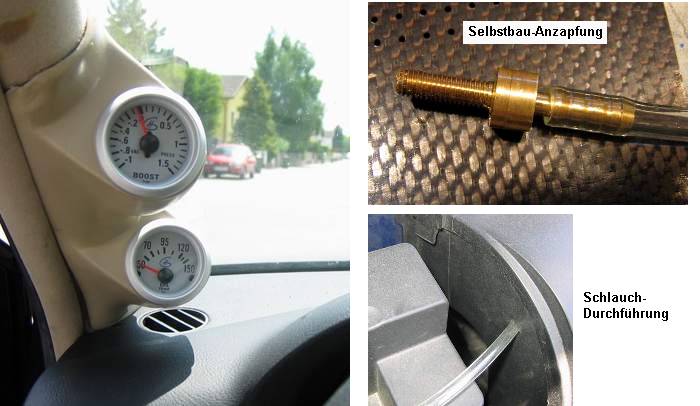 Oben: LDA, Unten: Öltemperatur
Druckanzapfung an der AGR-Einheit, zuerst mit M5 Schraube mit Dremel-Loch, danach mit Messingadapter Marke "Eigenbau":
Schlauch-Durchführung am Kabelkanal. VW Golf 4 von Ruki.jpg