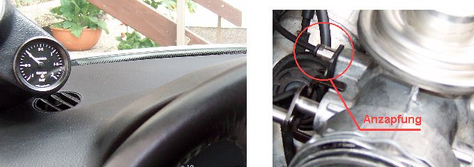 Es handelt sich um einen Golf4 TDI 130PS MKB= ASZ
Die Halterung für die LDA bekommt man von http://www.kw-systems.de/homez1.htm
Den Manometer habe ich von www.eds-motorsport.de
Druckanzapfung: über eine Legris "Gerade Einschraubverbindung" (Gewinde M5, für 4mm Schlauch) im AGR-Gehäuse (Gewindesackloch M5 bis ins Saugrohr mit 4,2mm Bohrer durchgebohrt).
Führung des Druckschlauchs: rechts durch die Bordwand ( Gummistopfen in der Bordwand nähe Bremskraftverstärker),Schlauch kommt dann im Fahrerfußraum raus.
Man muss die Verkleidung unter dem Lenkrad wegschrauben, um den Schlauch durchs Armaturenbrett in die A-Säule führen zu können.
Instrumentenbeleuchtung habe ich vom Lichtschalter abgenommen. VW Golf 4 von w123diesel 1.jpg